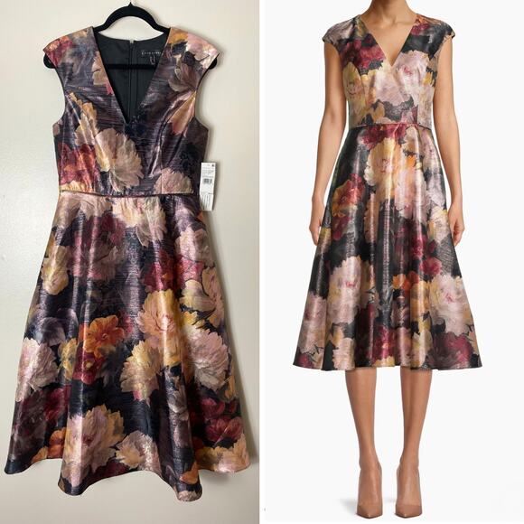 NWT AIDAN MATTOX DRESS FLORAL BLACK PINK FIT FLARE SHORT COCKTAIL METALLIC PINK - Picture 1 of 15